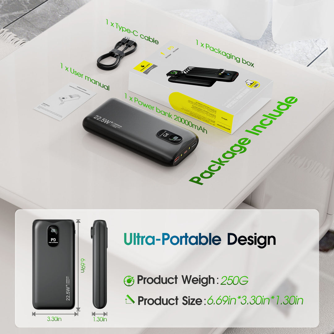 Bærbar powerbank med innebygde ladekabler og LCD-skjerm Skanto