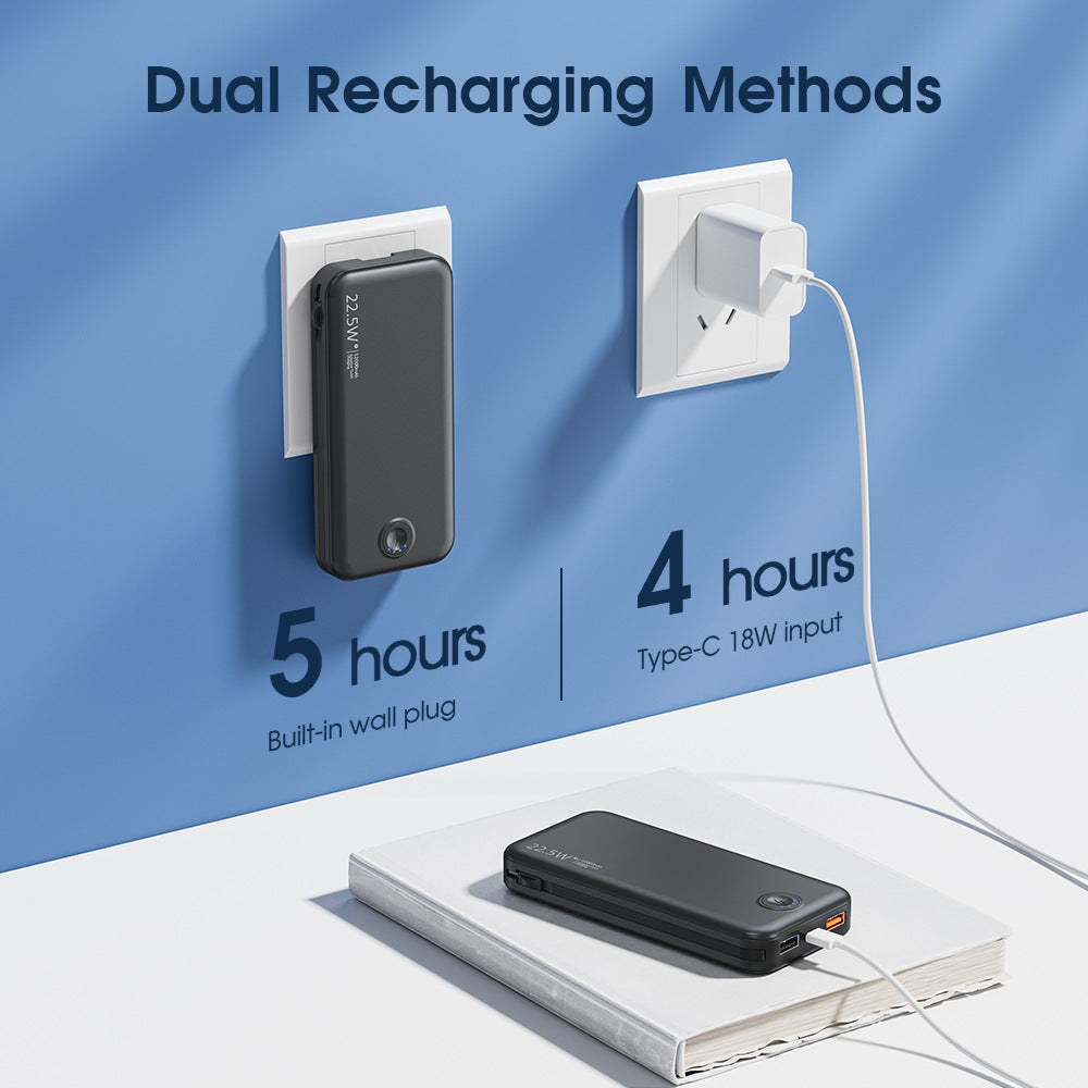 Powerbank med integrert veggkontakt og dual ladingsfunksjon Skanto