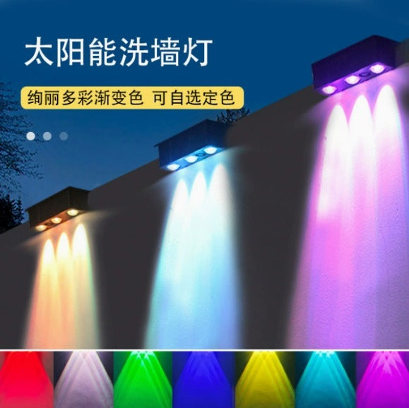 Utendørs solenergi RGB dual-stråle vegglampe med integrert solcellepanel og værbestandig monteringsbase Skanto