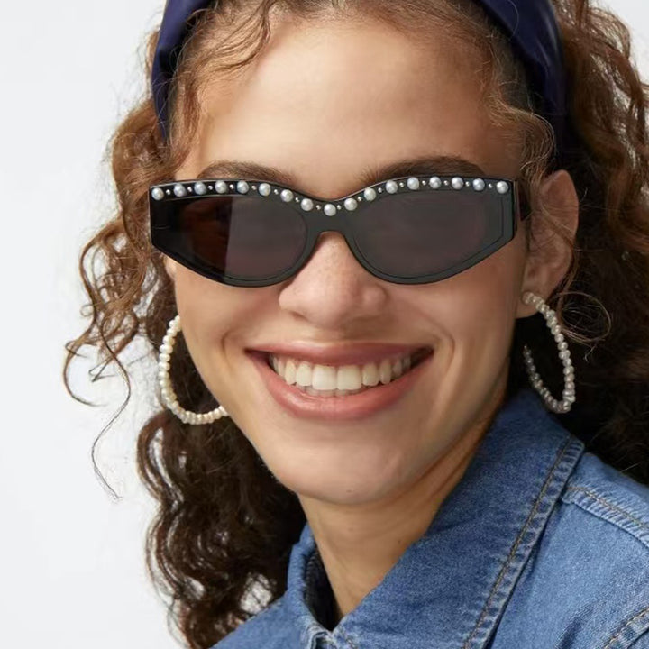 Dame Cat-Eye solbriller med glitrende rhinestones og dyremønster Skanto