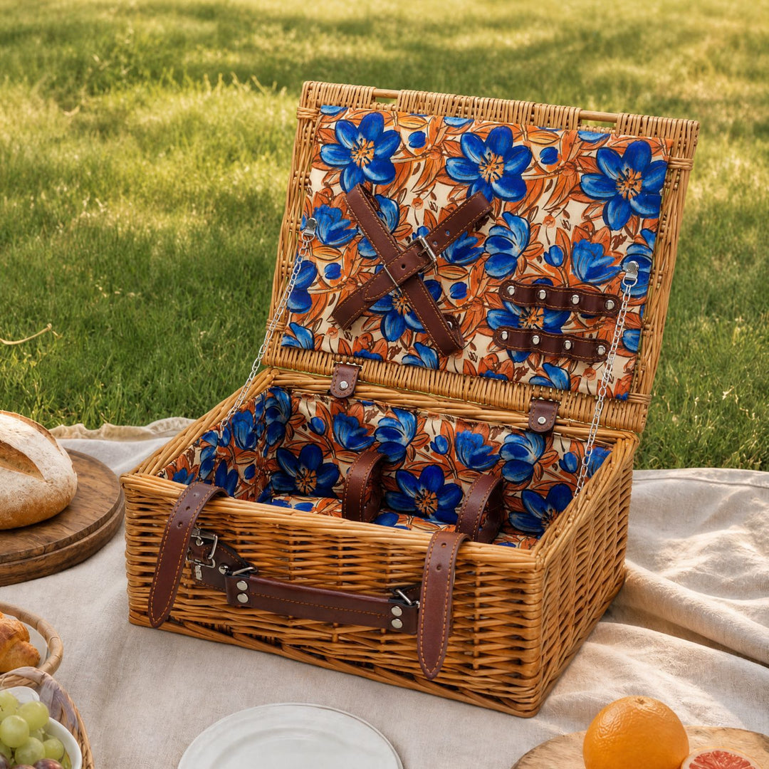 Dames luksus piknikkurv med offset tallerkenrom og blomstrede fôr Skanto