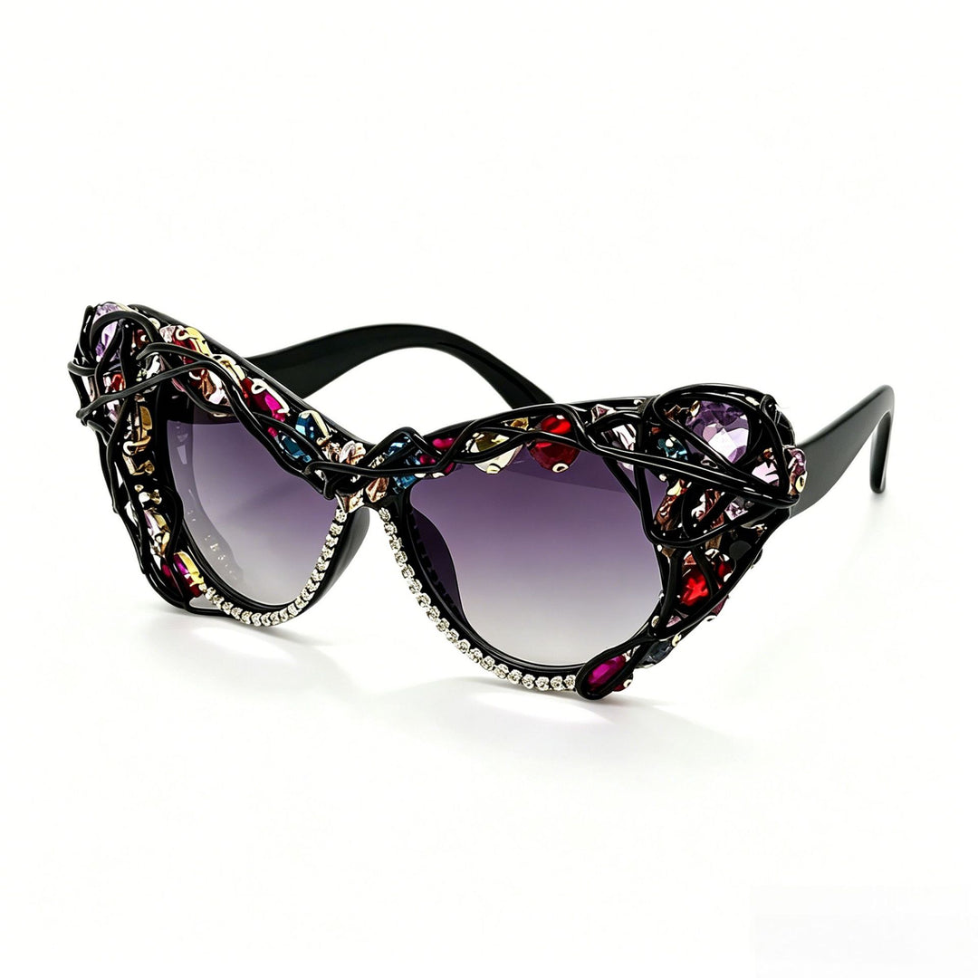 Dame Cat-Eye-solbrille med glitrende krystallramme og kunstneriske dekorasjoner Skanto