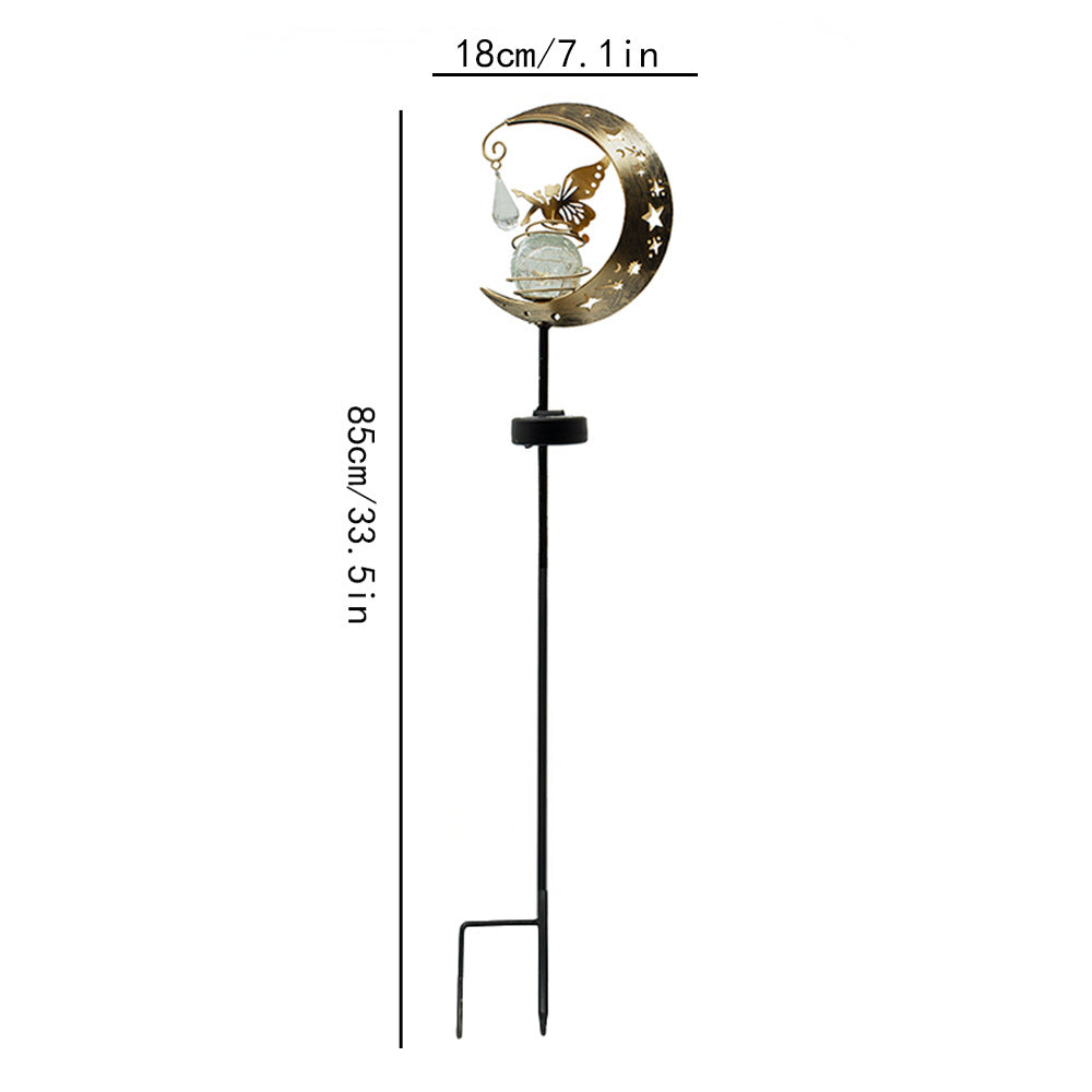 Crescent Moon Solar Hage Stake Lys Med Roterende Sprukket Glass Orb Og Sommerfugl Accent Skanto
