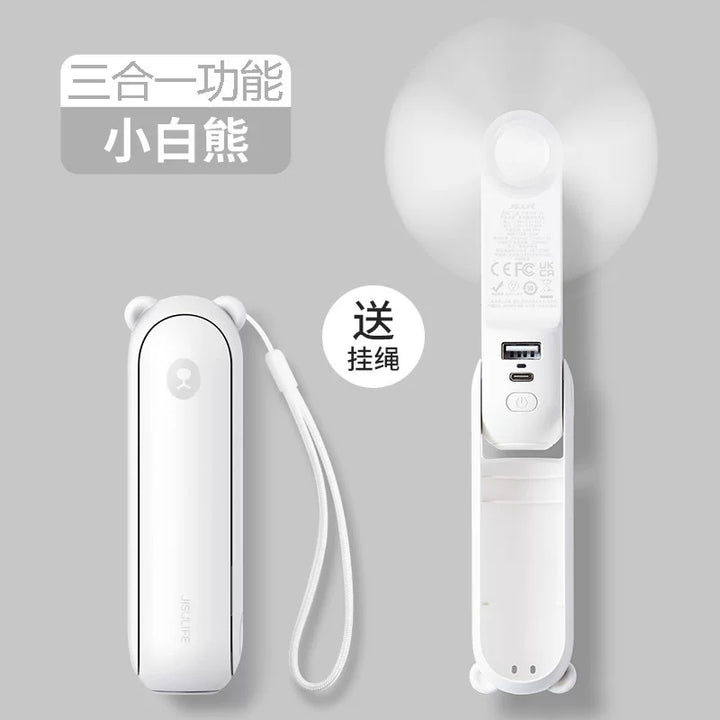 Unisex en størrelse sammenleggbar oppladbar trippel håndholdt mini vifte med innebygd powerbank USB-C og USB-A tilkoblinger samt håndleddsstropp Skanto