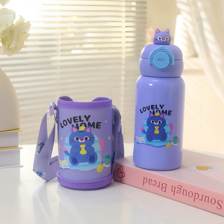 Insulated water bottle with integrated carrying strap and cute cat motif Skanto