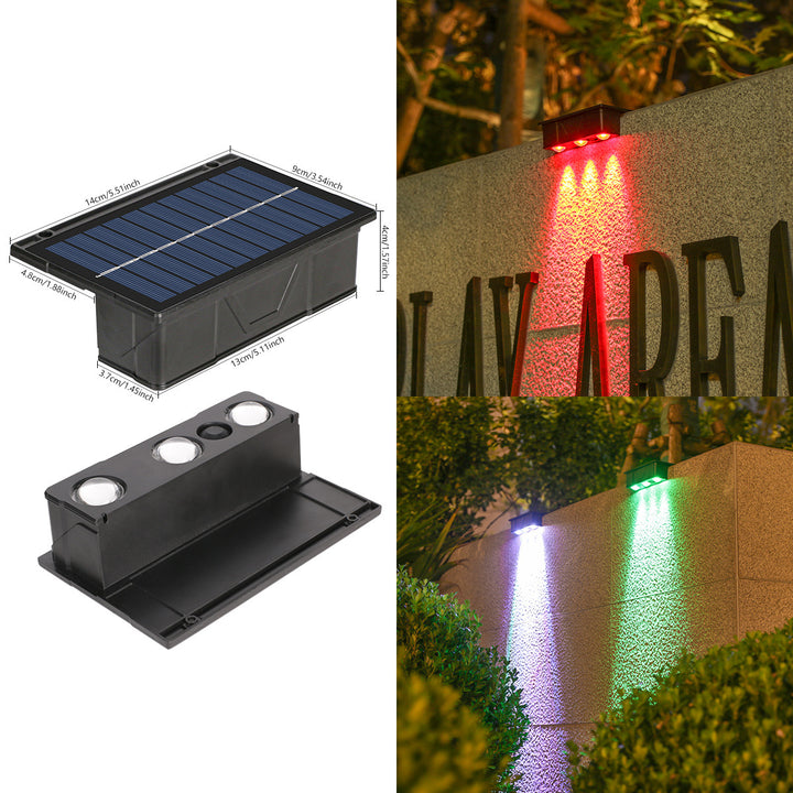 Utendørs solenergi RGB dual-stråle vegglampe med integrert solcellepanel og værbestandig monteringsbase Skanto