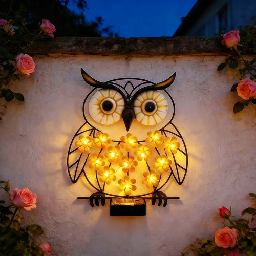 Metallisk Ugle Veggkunst Med Solenergidrevne LED Blomsterlys Og Jernramme Skanto
