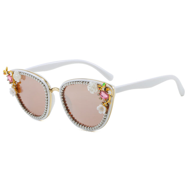 Dame Glamourøse Cat-Eye Solbriller med florale dekorasjoner Skanto