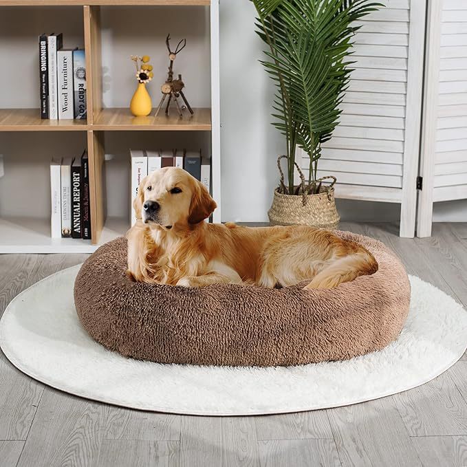 Plyss rund ortopedisk hundeseng