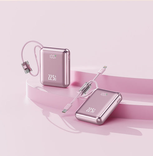Kompakt powerbank med digital effektindikator og innebygd ladekabel Skanto