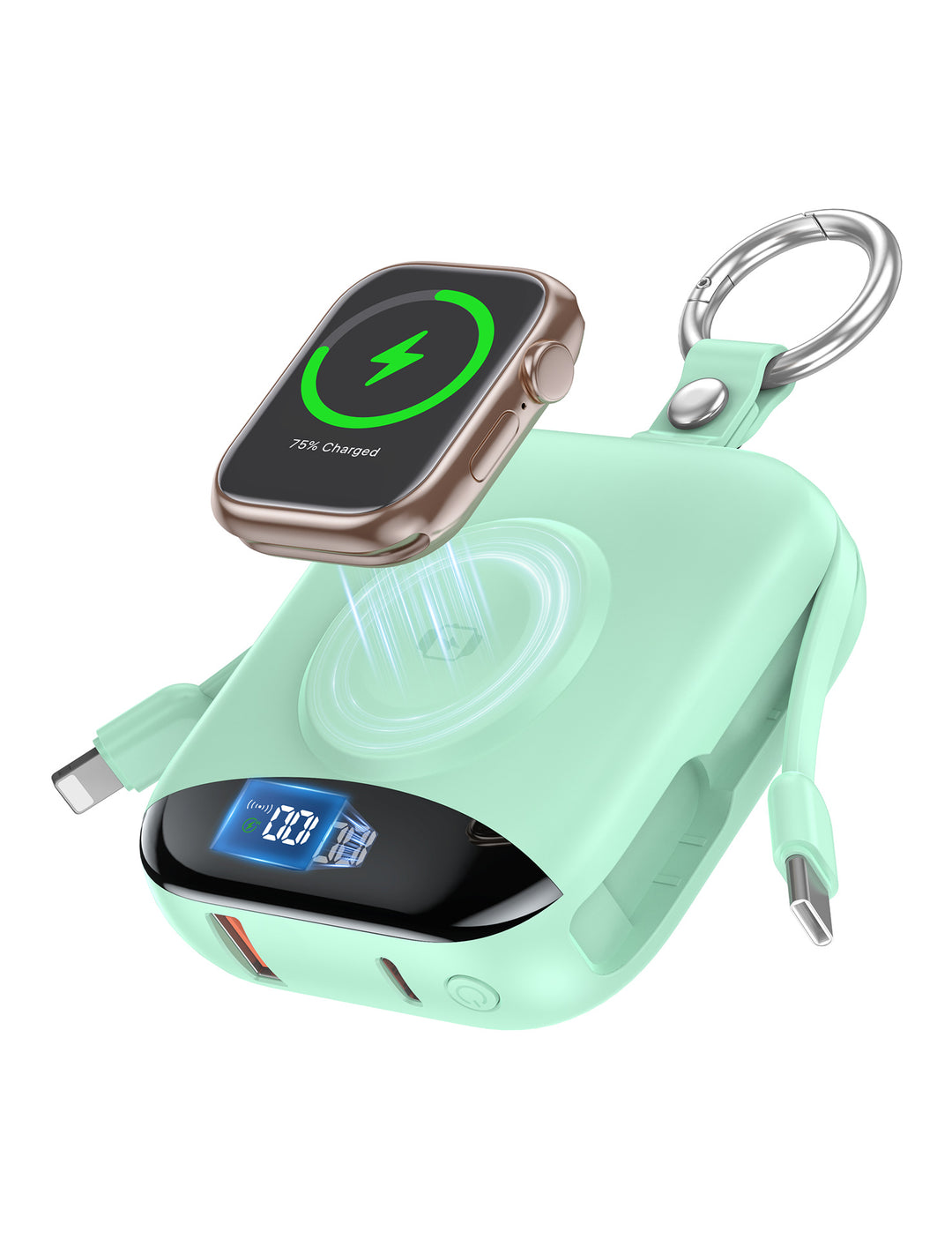 Bærbart induktivt ladeapparat med integrert batteri og LCD-skjerm Skanto
