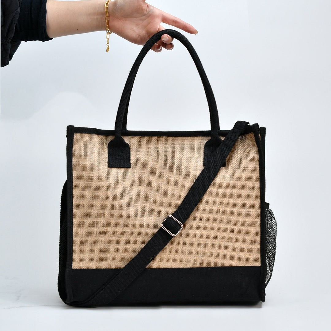 Romslig handleveske i robust jute med nett-side lommer Skanto