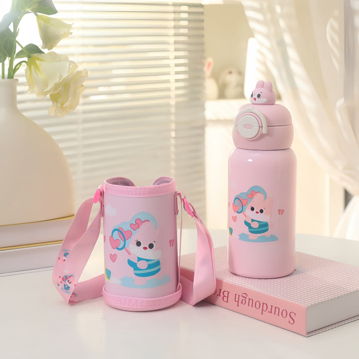 Insulated water bottle with integrated carrying strap and cute cat motif Skanto