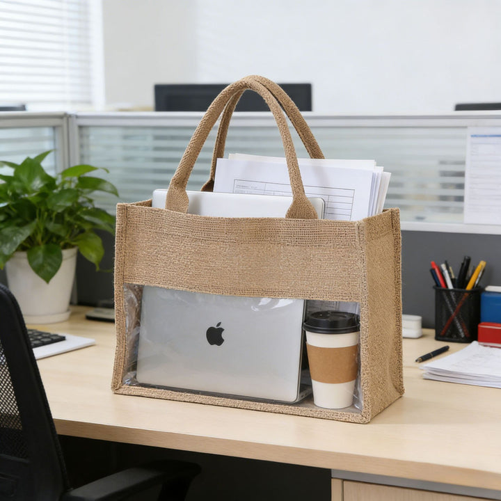 Handlebag i naturlig jute med nett-design Skanto