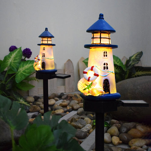 Resin Fyrtårn LED Hage Stake Lampe Med Innebygd Solcellepanel Og Livbøye Ornament Skanto