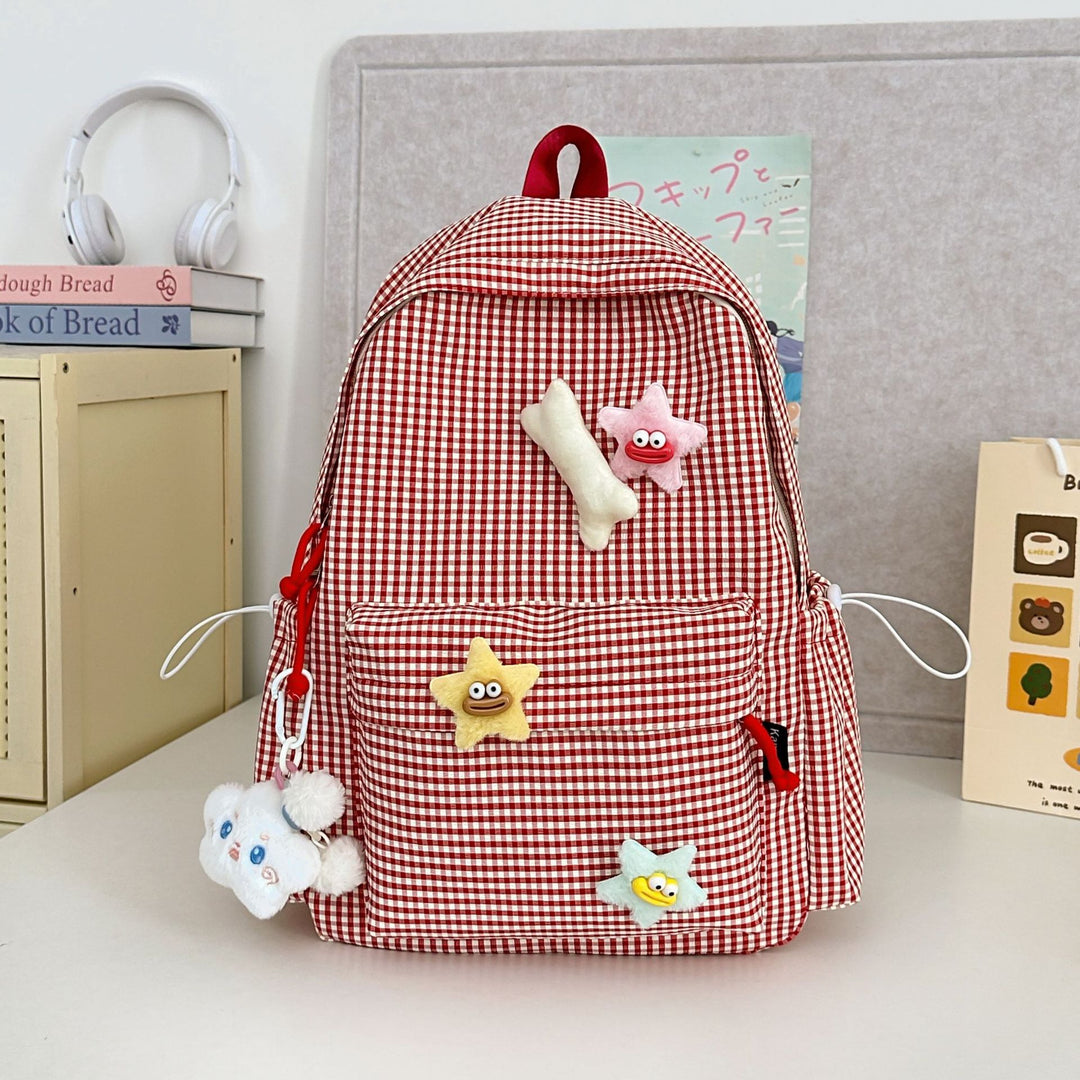 Gingham Print Karakter-utsmykket Skole Ryggsekk