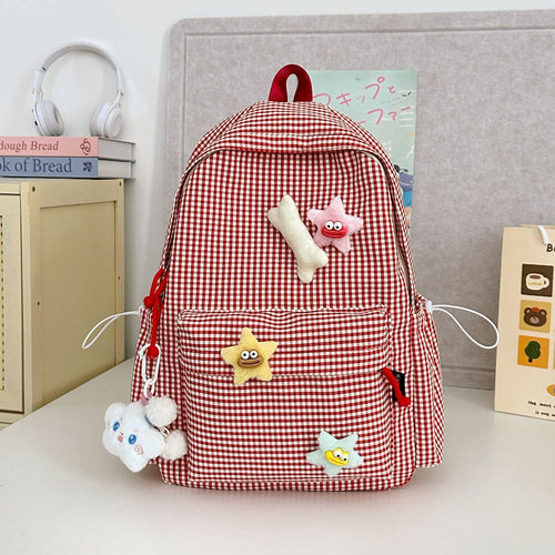 Gingham Print Karakter-utsmykket Skole Ryggsekk