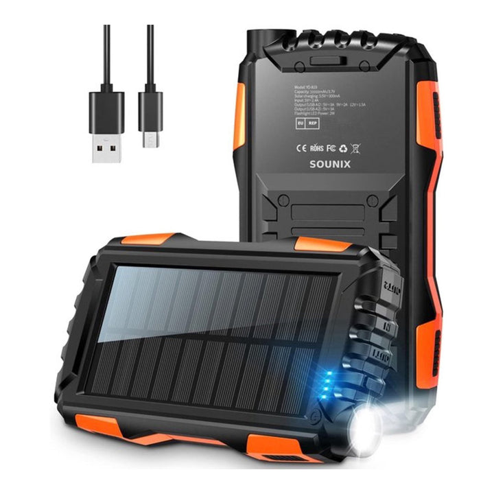 Solfdrevet powerbank med LED-lommelykt og robust hus Skanto