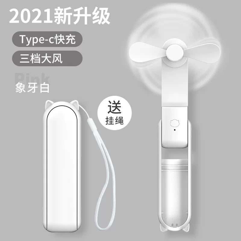 Unisex en størrelse sammenleggbar oppladbar trippel håndholdt mini vifte med innebygd powerbank USB-C og USB-A tilkoblinger samt håndleddsstropp Skanto