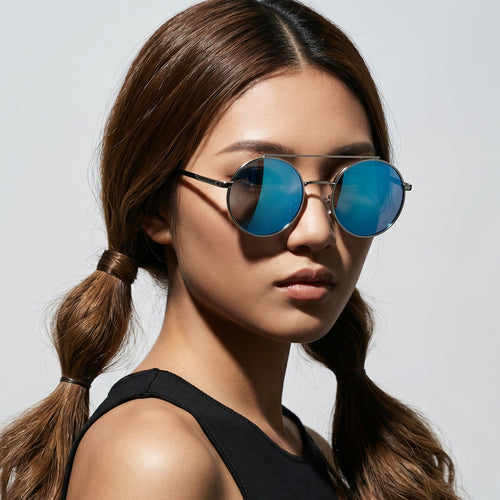 Dame rund solbrille med moteramme Skanto