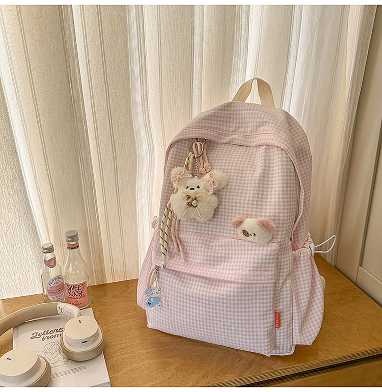 Søt Gingham Print Plysj Skole Rygsekk