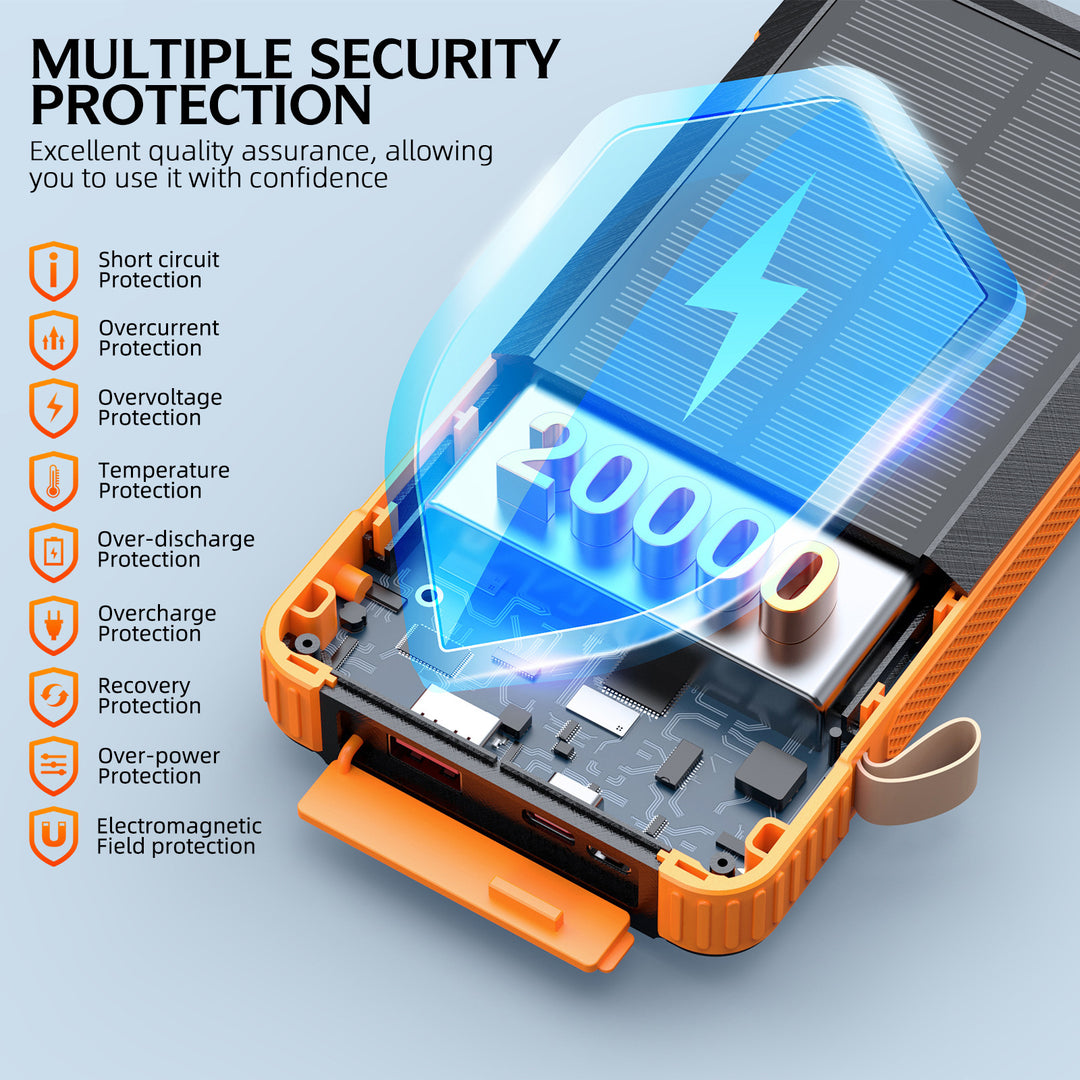 Solar Powerbank med multifunksjonelt LED-lys og integrert ladekabel Skanto