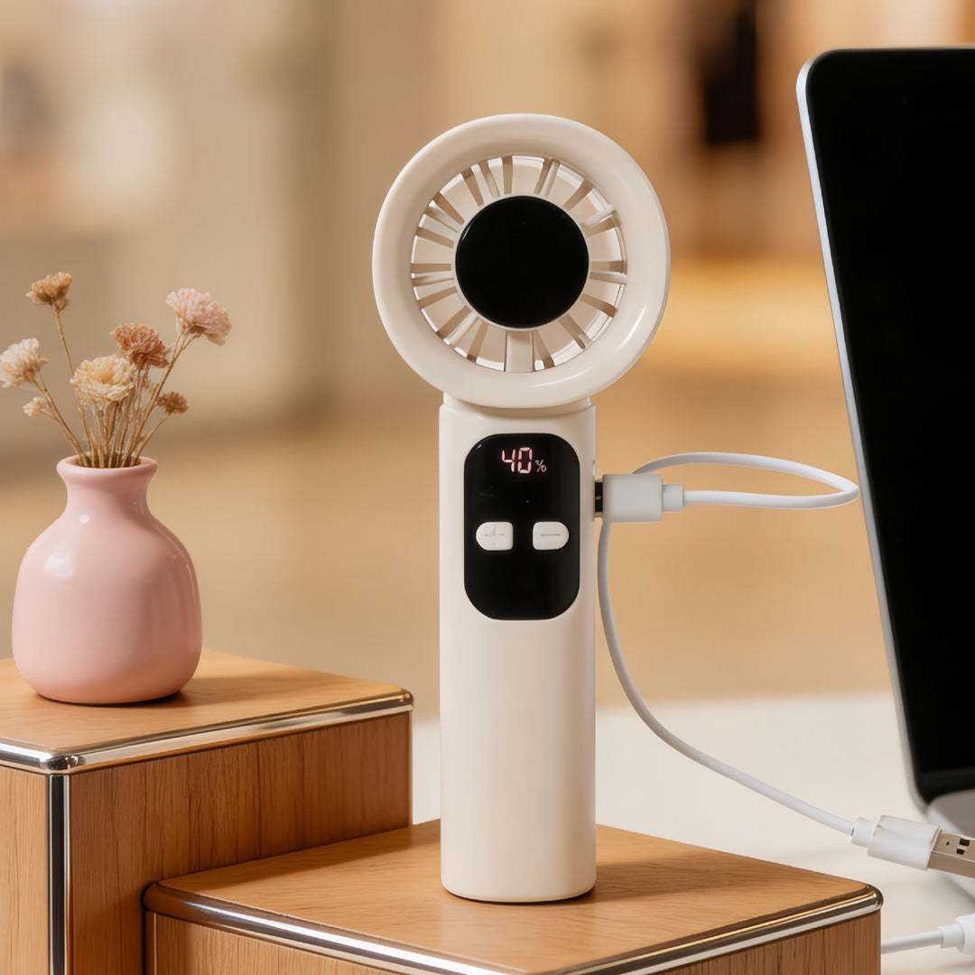 Kvinnenes bærbare håndvifte med digital hastighetsdisplay og ergonomisk design Skanto