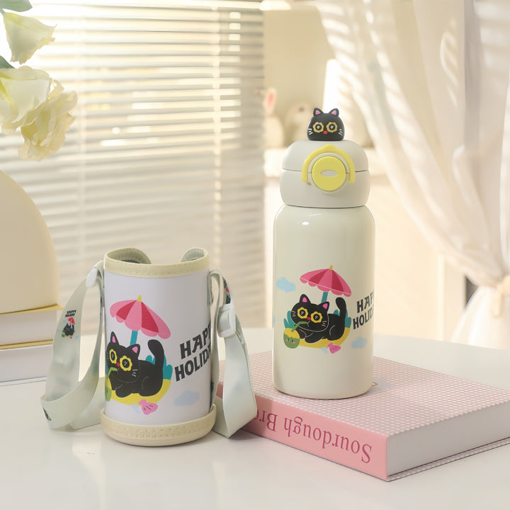 Insulated water bottle with integrated carrying strap and cute cat motif Skanto