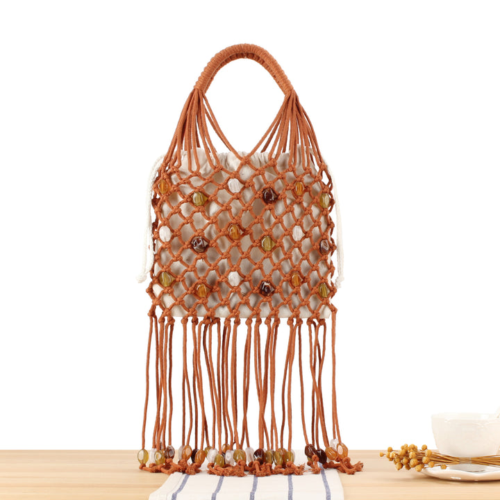 Macrame Tote Bag with Colorful Beads and Decorative Fringe Skanto