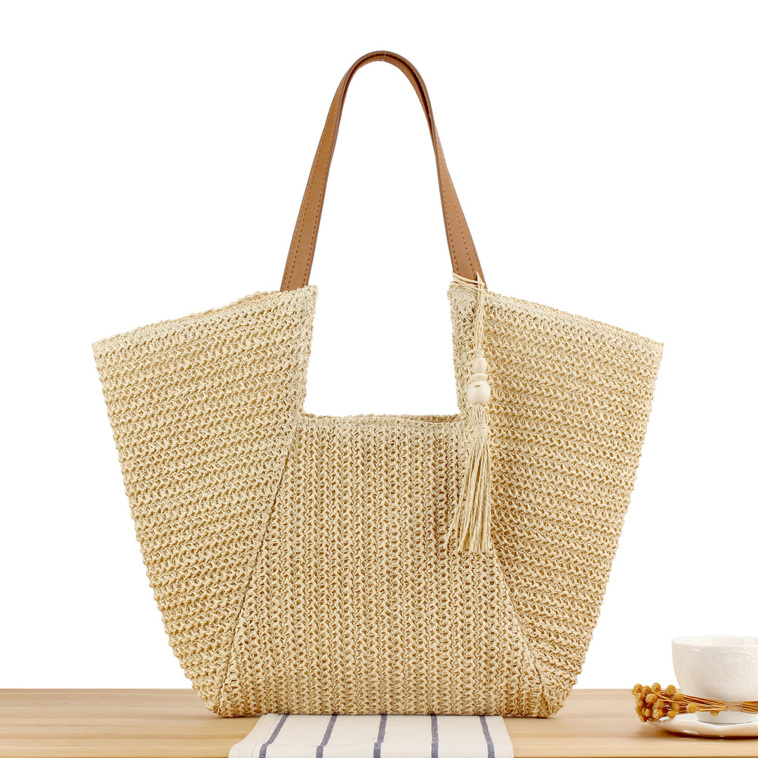 Woven Natural Straw Tote Bag with Leather Accents Skanto