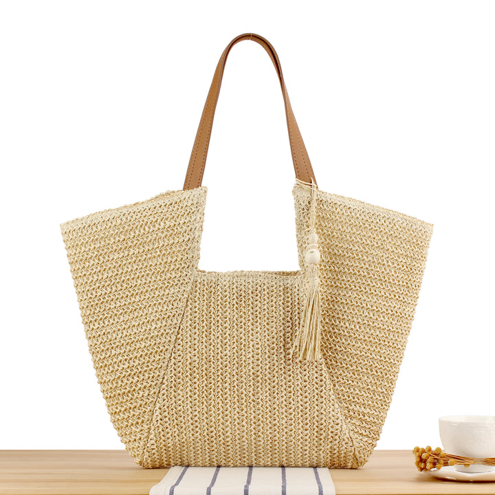 Woven Natural Straw Tote Bag with Leather Accents Skanto