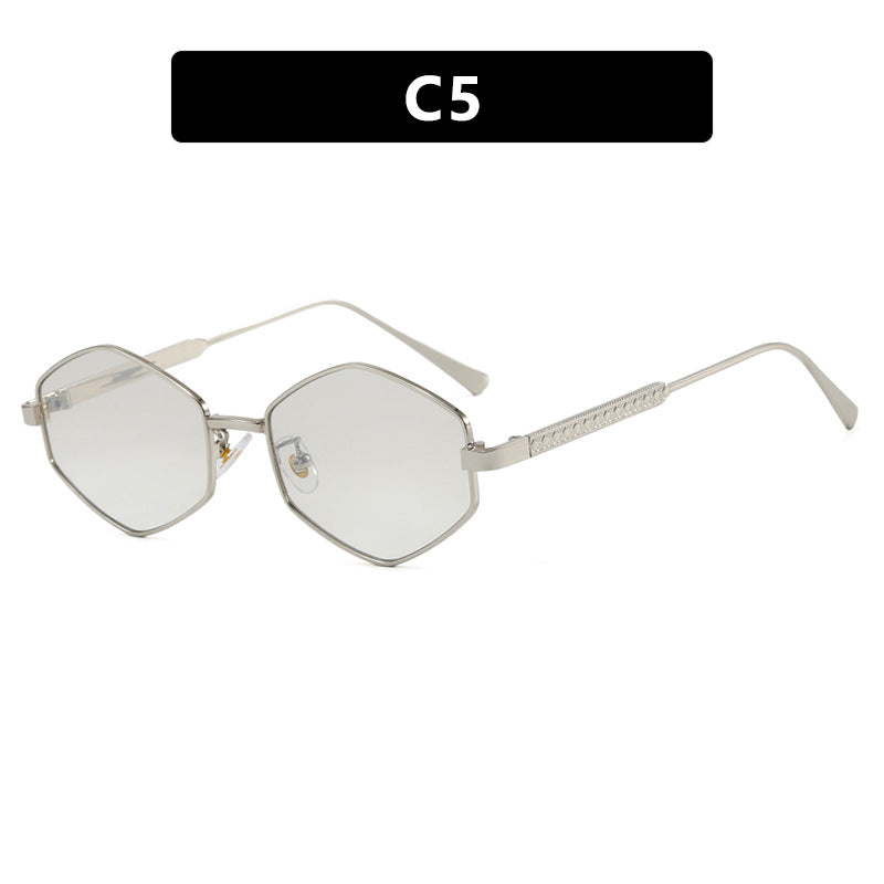Dame hexagonal solbrille med elegante metallaksenter og UV-beskyttelse Skanto