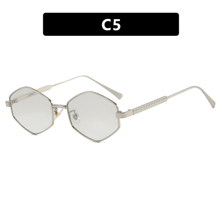 Dame hexagonal solbrille med elegante metallaksenter og UV-beskyttelse Skanto