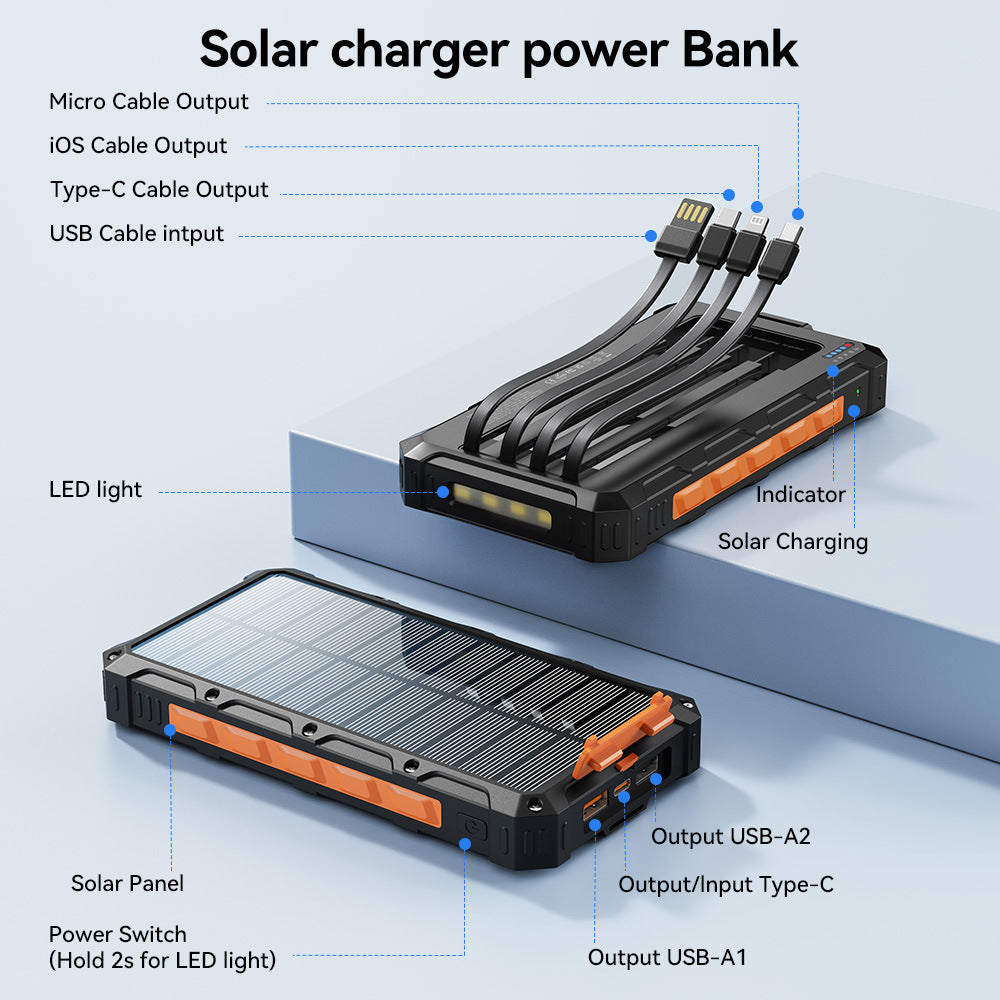 Solar-Powerbank med integrerte ladekabler og robust hus Skanto