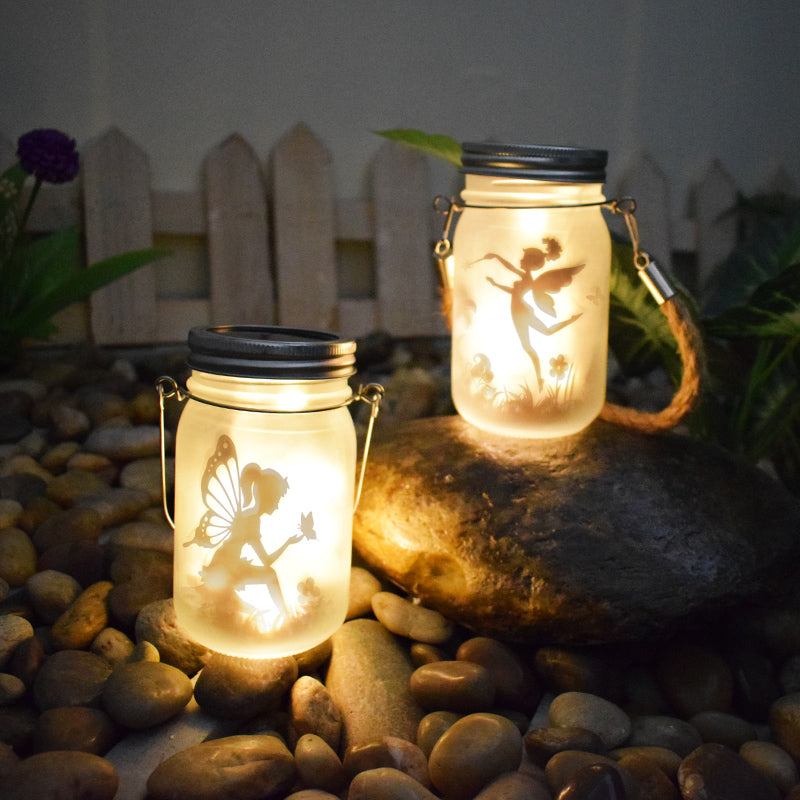 Solar Powered Frosted Fairy Silhouette Mason Jar Lantern with Multicolor LED Skanto
