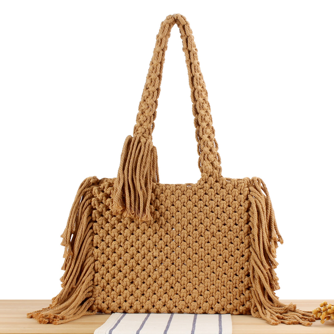 Hand-Knotted Macrame Handbag with Elegant Fringe Skanto