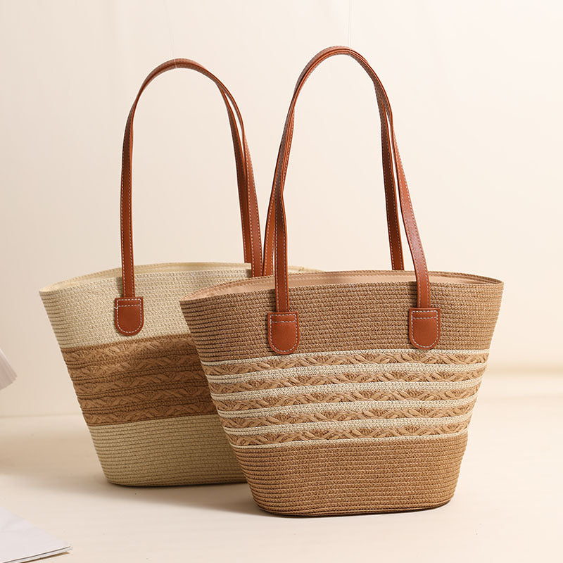 Elegant Bast Tote Bag med Læderdetaljer Skanto