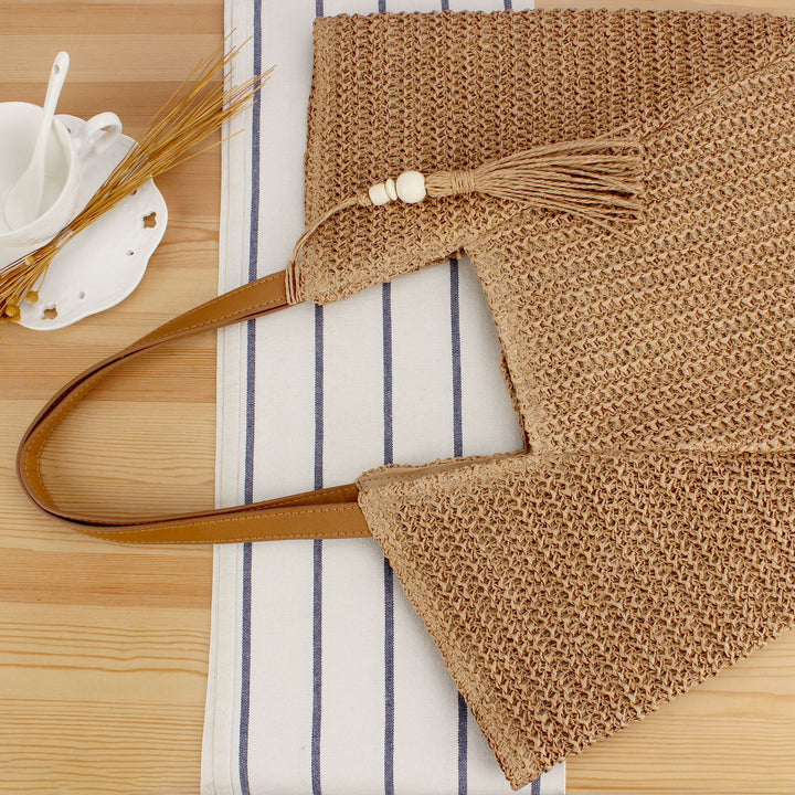 Woven Natural Straw Tote Bag with Leather Accents Skanto