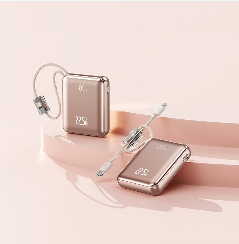 Kompakt powerbank med digital effektindikator og innebygd ladekabel Skanto