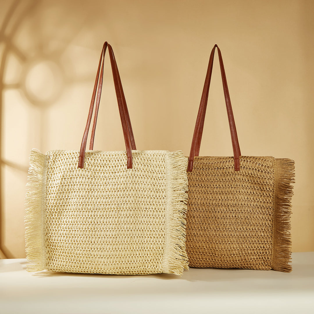 Strandveske i raffia med frynse-detaljer Skanto