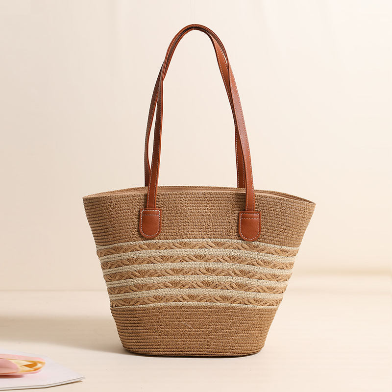 Elegant Bast Tote Bag med Læderdetaljer Skanto