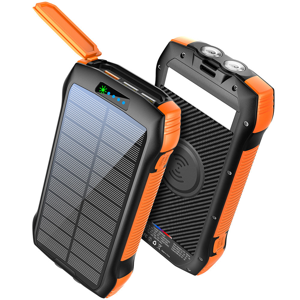 Solcelledet powerbank med trådløs ladefunksjon og LED-lommelykt Skanto