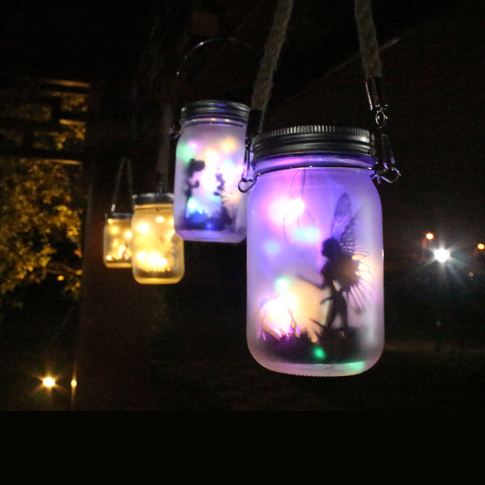 Solar Powered Frosted Fairy Silhouette Mason Jar Lantern with Multicolor LED Skanto