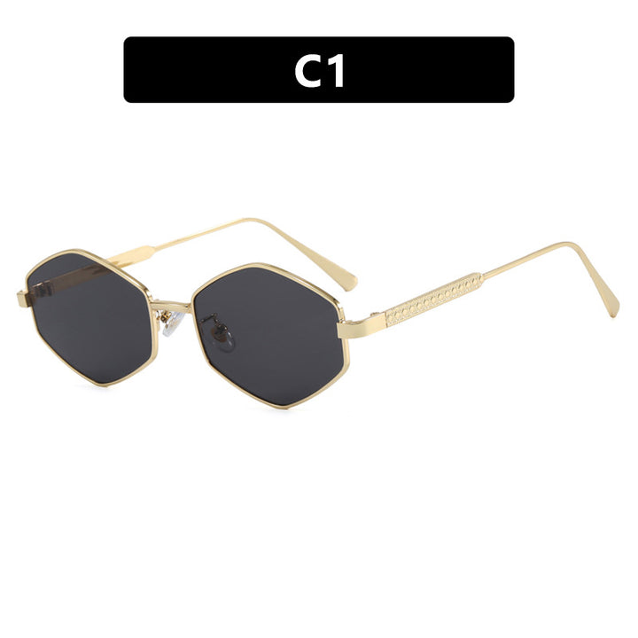 Dame hexagonal solbrille med elegante metallaksenter og UV-beskyttelse Skanto