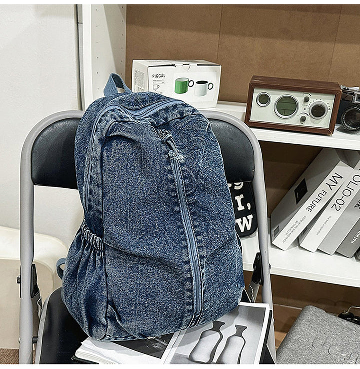 Denim-strukturert avslappet skole ryggsekk