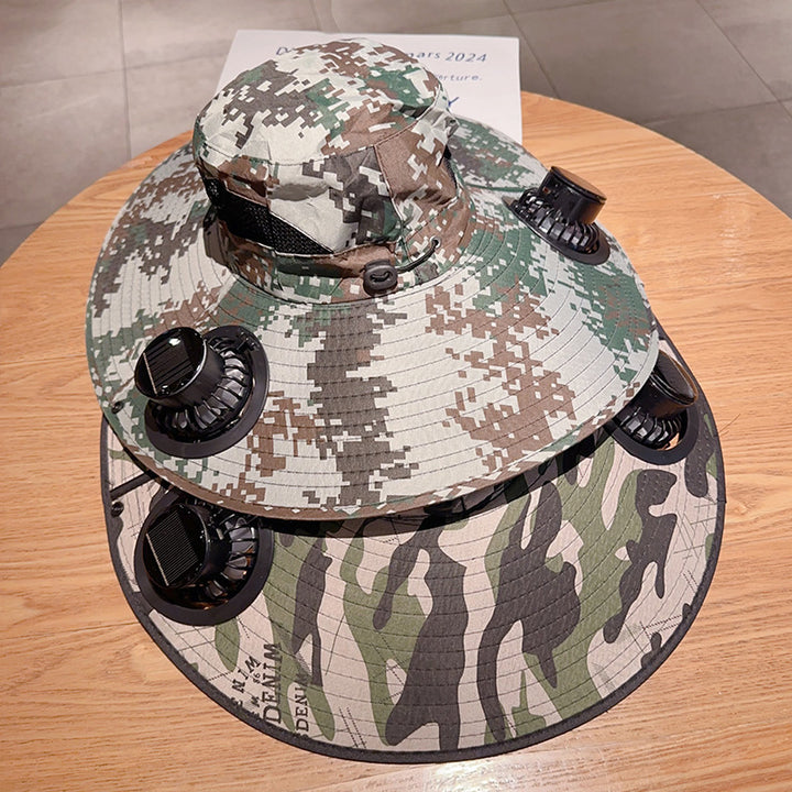 Båndbar solhatt med to integrerte mini-vifter, bred skygge og justerbar hake-rem Skanto
