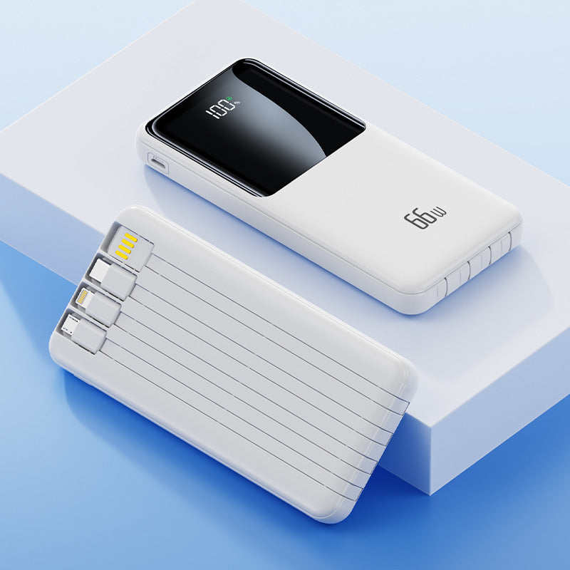Bærbar powerbank med integrerte ladekabler og LED-batteristatusindikator Skanto