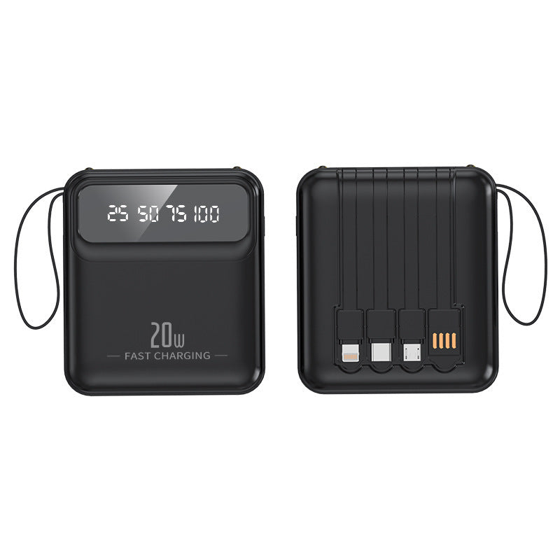 Bærbar powerbank med integrerte ladekabler og digital kapasitetsskala Skanto
