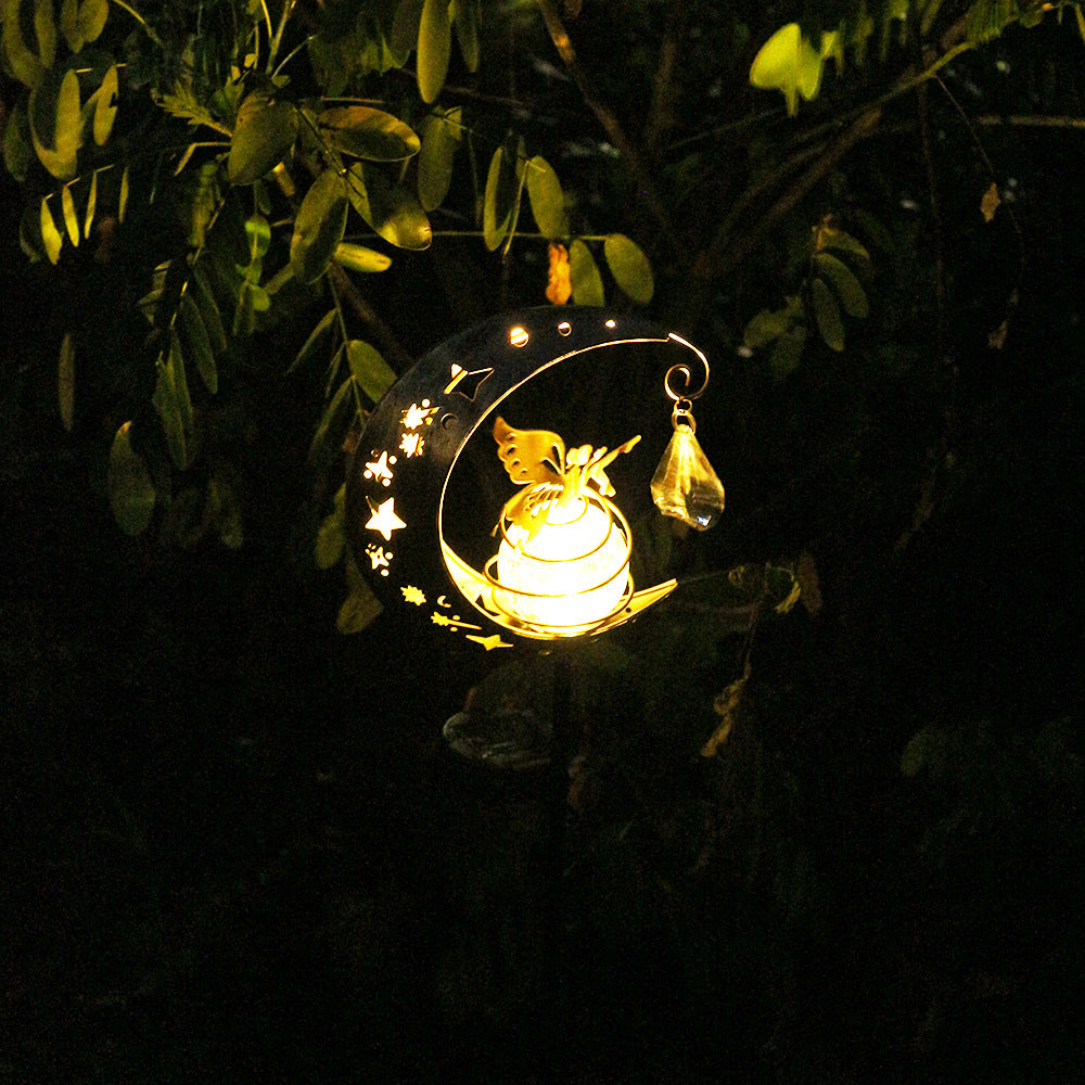 Crescent Moon Solar Hage Stake Lys Med Roterende Sprukket Glass Orb Og Sommerfugl Accent Skanto