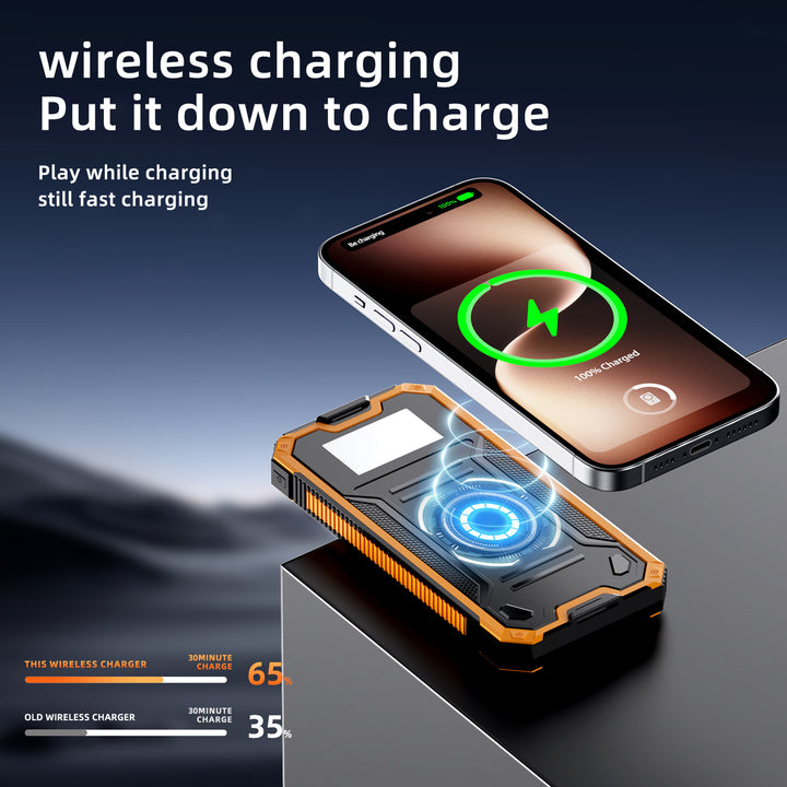 Solcelledrevet powerbank med hurtigladefunksjon og trådløs ladealternativ Skanto